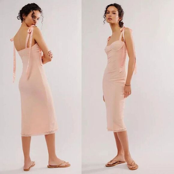FREE PEOPLE INTIMATELY Got Glam Mesh Slip Dress Size L ***FLAW*** Pink Salt NWT - Picture 1 of 11